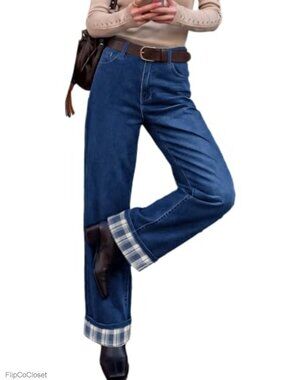 Women's Wide Leg Jeans Mid Rise Cuffed Denim Pants